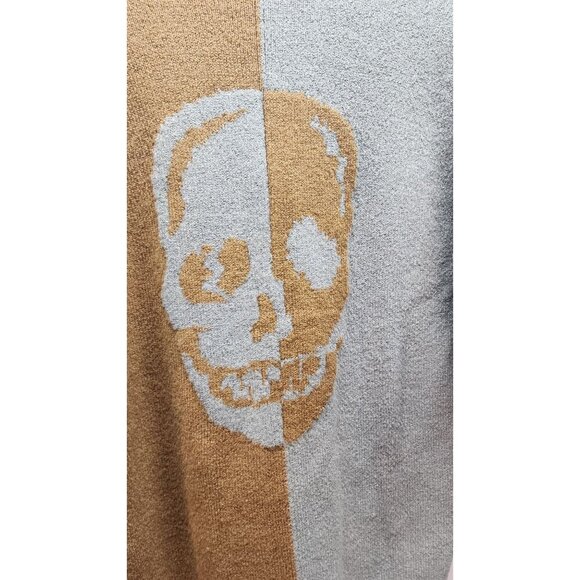 Two-Tone Brown & Gray Skull Graphic Cardigan Sweater Button Front Long Sleeve Ov - Picture 13 of 14